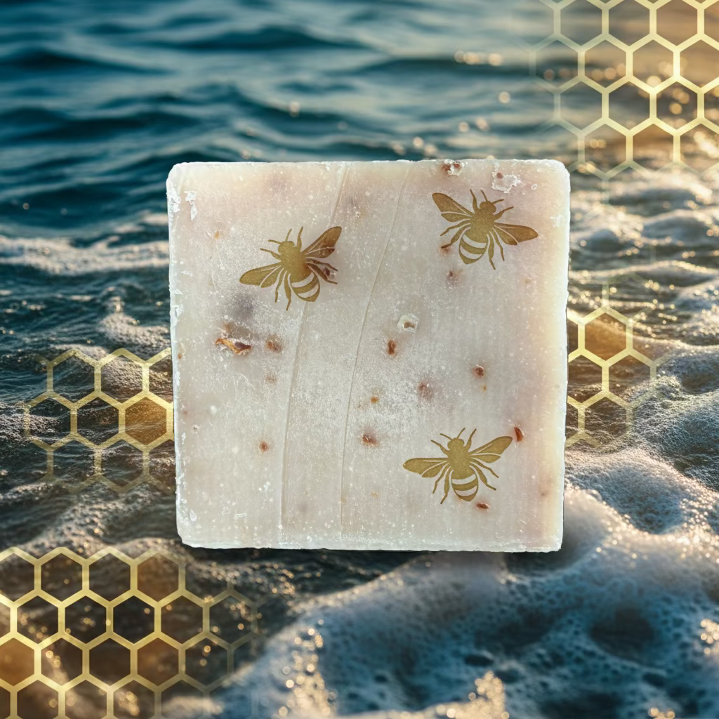 A square bar of handmade soap with a creamy beige base and small brown botanical inclusions, resting on a dark wood surface.