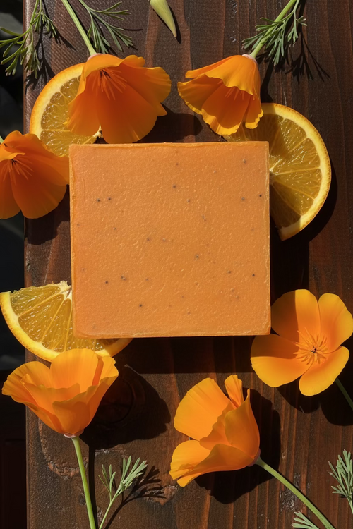 A rectangular bar of pale cream-colored soap with small dark specks, resting on a dark brown wooden surface.